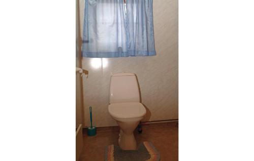 TrøanBjerkly的浴室配有卫生间和蓝色窗帘
