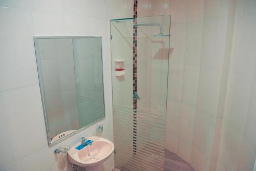 埃斯梅拉达斯Hotel Casa Arnaldo "Esmeraldas"的一间带水槽和玻璃淋浴的浴室