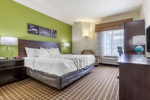 奥兰治堡Sleep Inn Orangeburg的酒店客房设有一张床和一个大窗户