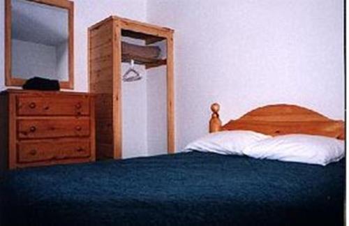 霍克斯伯里港特洛伊海岸齐索姆斯假日公园的一间卧室配有一张床、梳妆台和镜子