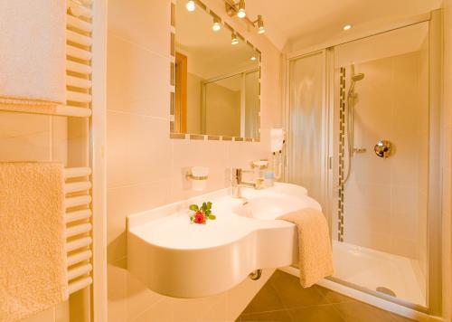 纳莱斯Pension Stamserhof的白色的浴室设有水槽和淋浴。