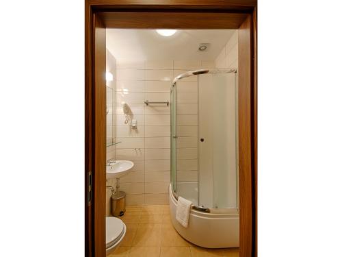 克拉科夫Hotel Yarden by Artery Hotels的带淋浴、卫生间和盥洗盆的浴室