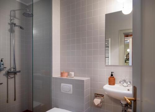 雷克雅未克维克塔度假屋的带淋浴、卫生间和盥洗盆的浴室