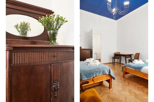 克拉科夫Top Location Apartments Topolowa Street的两张照片,一张房间,一张床铺和一面镜子