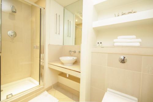 伦敦地平线金丝雀码头公寓的带淋浴和盥洗盆的白色浴室