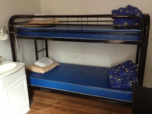 魁北克市Auberge Jeunesse La Belle Planete Backpackers Hostel的客房设有2张双层床,配有蓝色床单