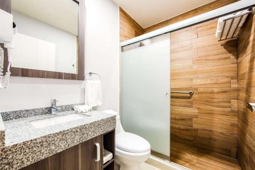 比亚埃尔莫萨Sleep Inn Villahermosa的一间带卫生间和水槽的浴室以及一扇木门。
