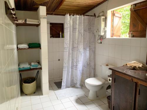 Ile aux NattesVilla Voanio的一间带卫生间和淋浴帘的浴室