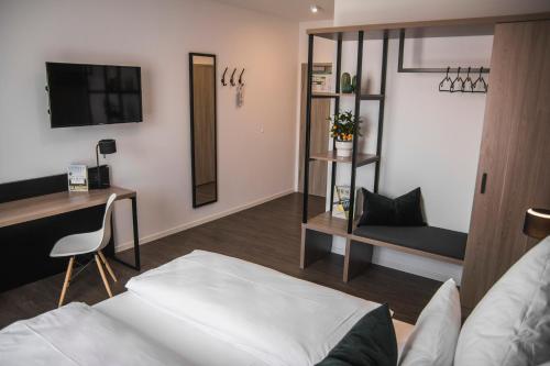 菲尔德施塔特Hayta Hotel Stuttgart Airport Messe的一间卧室配有一张床、一张书桌和一台电视。