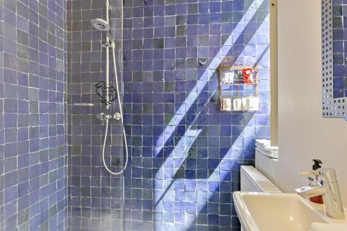 赫拉尔兹贝亨Air B&B Casa Dodo的蓝色瓷砖浴室配有淋浴和盥洗盆