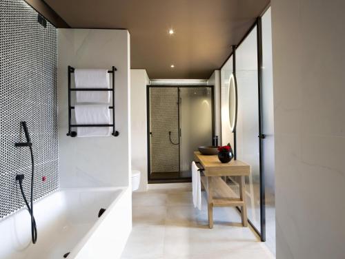 米兰星际商务宫殿酒店的设有带步入式淋浴间和盥洗盆的浴室