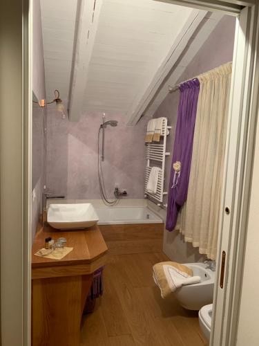 伊斯普拉Tenuta La Quassa的浴室配有盥洗盆、卫生间和淋浴。