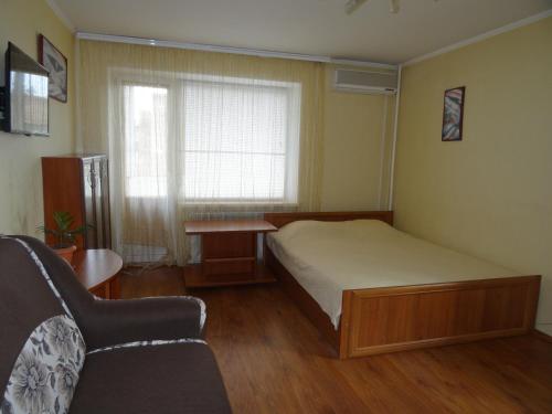 克洛佩夫尼茨基Apart Gagarina的一间卧室配有一张床、一张沙发和一个窗口