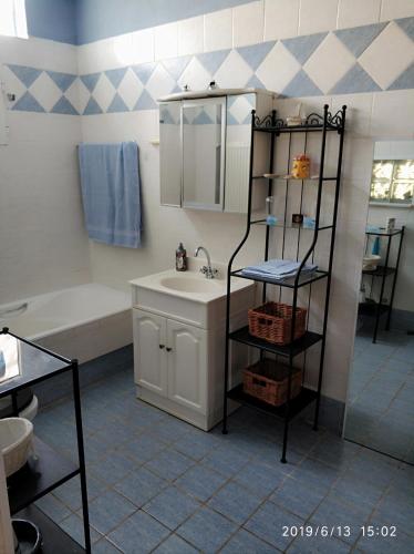 Áyios SpirídhonVilla AMIA的浴室配有盥洗盆、镜子和浴缸