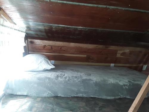 MarshallAmish made cedar cabin with a loft on a buffalo farm close to the Buffalo River的木墙客房的一张床位