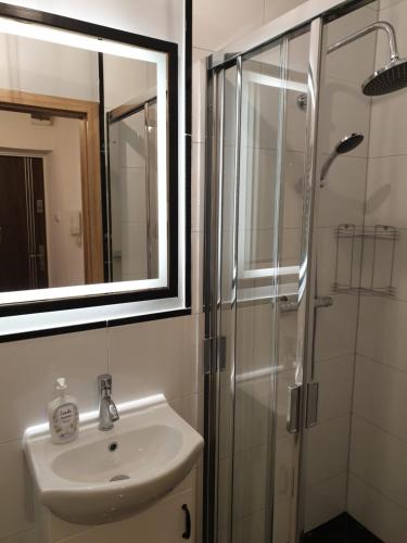 凯尔采Kobi的浴室配有盥洗盆和带镜子的淋浴