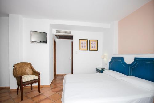 萨阿拉德洛斯阿图内斯多纳萝拉滨海旅舍的一间卧室配有一张床、一把椅子和电视。