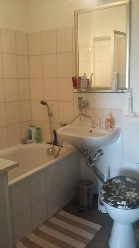 德累斯顿Am Goldenen Reiter的浴室配有盥洗盆、卫生间和浴缸。