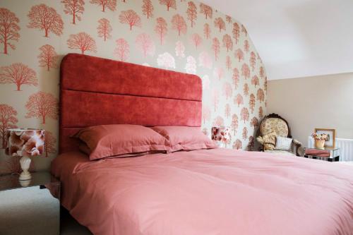 恩尼斯基林Old Schoolhouse B and B的卧室内的粉红色床和红色床头板