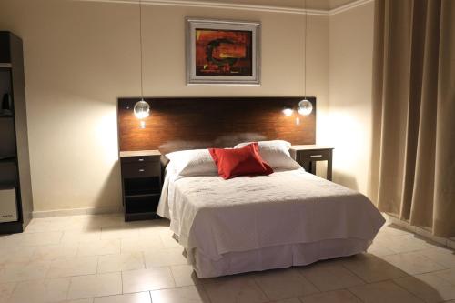 梅塞德斯镇Eclat Suites Hotel Boutique的一间卧室配有一张红色枕头的床