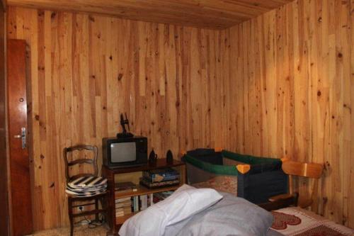 普华露RDC小木屋的一间带木墙的卧室、一张床和电视