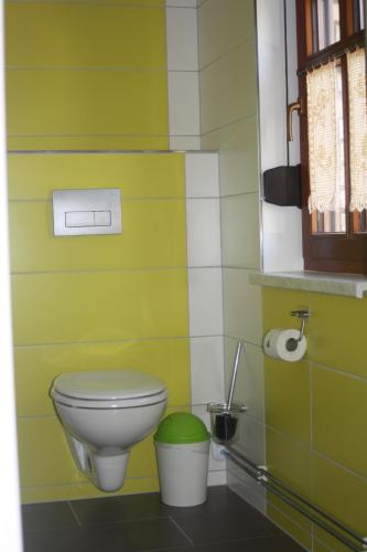 GadsdorfFerienzimmer Tielesch的浴室设有卫生间和绿色白色的墙壁。