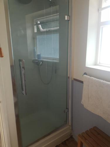 圣奥尔本斯69 ALBERT STREET的浴室里设有玻璃门淋浴