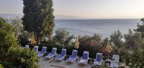 Gemlik阿塔迈尔多加度假酒店的一排椅子和遮阳伞与海洋