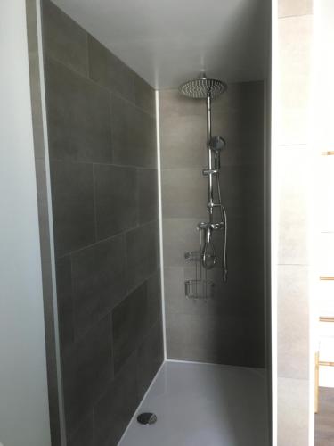 波讷地区圣朱利安Gîte avec jacuzzi privatif à proximité de l'océan的浴室设有灰色瓷砖淋浴。