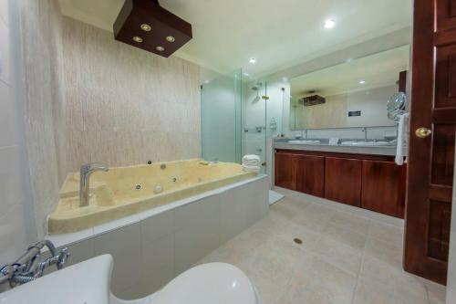 布加瓜达拉哈拉酒店的带浴缸、两个盥洗盆和卫生间的浴室