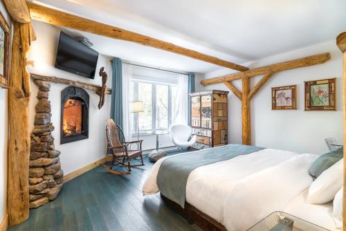 Saint-Paulin巴伦澈环保乡村度假屋的一间卧室配有一张床和一个壁炉