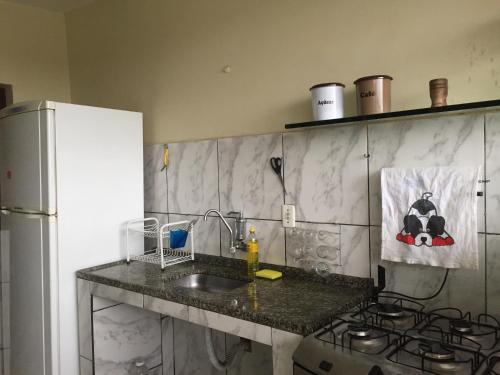 里约热内卢Apartamento Confortável na Zona Norte的厨房配有水槽、炉灶和冰箱