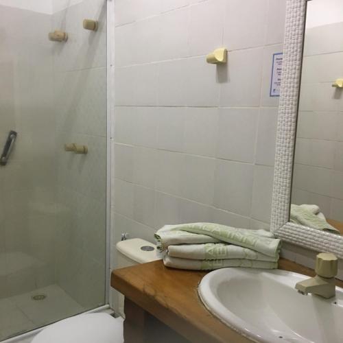 布希奥斯Barla Inn Suites的一间带水槽、淋浴和卫生间的浴室