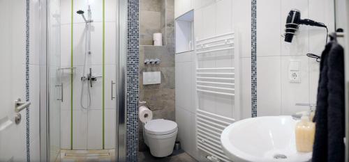 新明斯特FineApartment Neumünster的一间带水槽、卫生间和淋浴的浴室