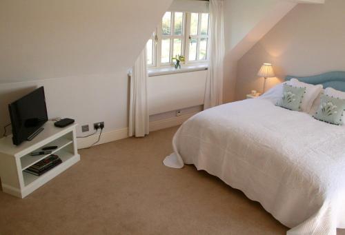 亨格福德Thatched Cottage的一间卧室设有一张床、一台电视和一个窗口。