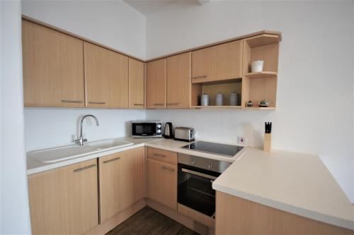 格拉斯哥Bright and Cosy West End Apartment的一个带木制橱柜和水槽的厨房