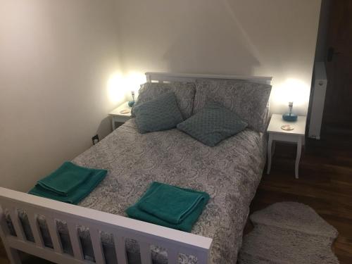 爱丁堡Drum Brae Cottage的一间卧室配有一张带两个绿色枕头的床