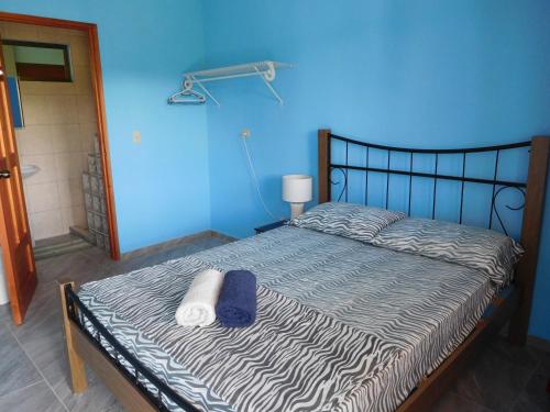 拉斯拉哈斯Hostal Casa Las Lajas的蓝色墙壁间的一张床位