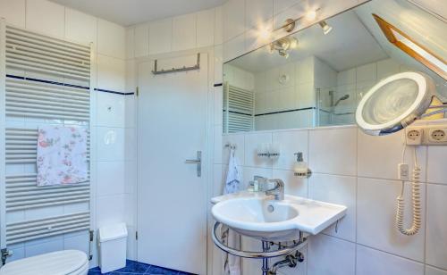 岑平Achterwasserblick _ Zempin的一间带水槽、镜子和卫生间的浴室