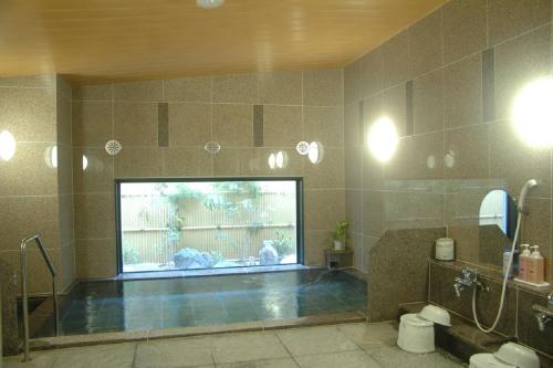 龟山鲁特因戴尼卡亚玛英特酒店的一个带大型水族馆的浴室内的大型游泳池