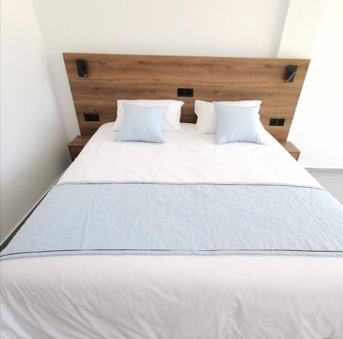 阿依纳帕Shalos Studios的一张配有白色床单和枕头的大床