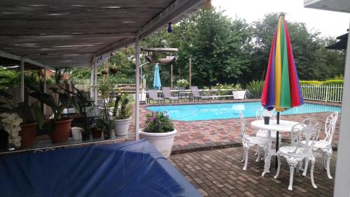莱迪史密斯Convent Hill Lodge的一个带桌子和遮阳伞的庭院和一个游泳池