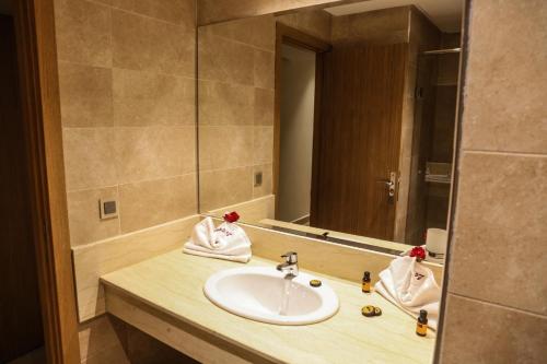 马拉喀什LE VOYAGEUR MARRAKECH的一间带水槽和大镜子的浴室
