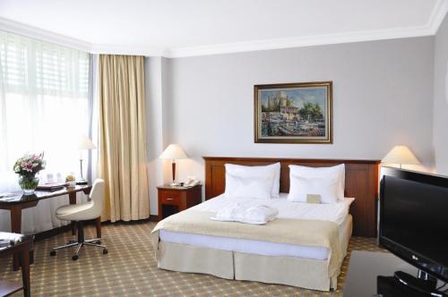 安卡拉迷笛酒店的酒店客房配有一张床、一张书桌和一台电视。