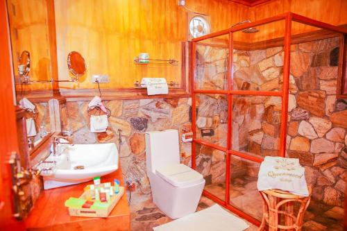 努沃勒埃利耶昆士伍德小屋酒店的石质浴室设有水槽和卫生间