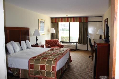 切罗基格雷特斯莫基大酒店-切诺基的配有一张床、一张书桌和一扇窗户的酒店客房