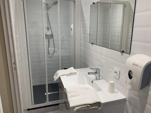 罗莫朗坦Astrotel Romorantin-Lanthenay Soirée étape的带淋浴和盥洗盆的白色浴室