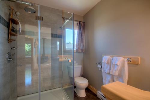拉马巴耶野外新风木屋的一间带卫生间和玻璃淋浴间的浴室