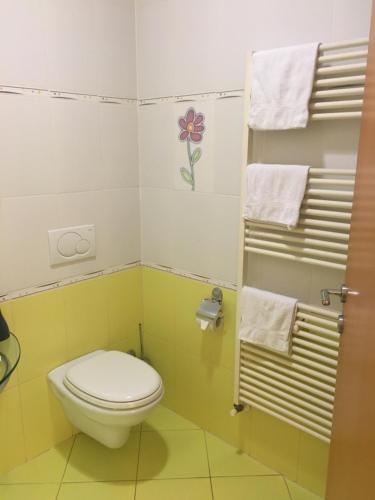 塞扎纳Motel Sofia的一间带卫生间和毛巾的小浴室