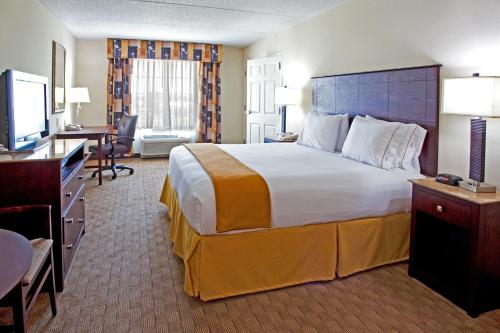 哥伦布哥伦布北湖智选假日套房酒店的酒店客房设有一张大床和一张书桌。